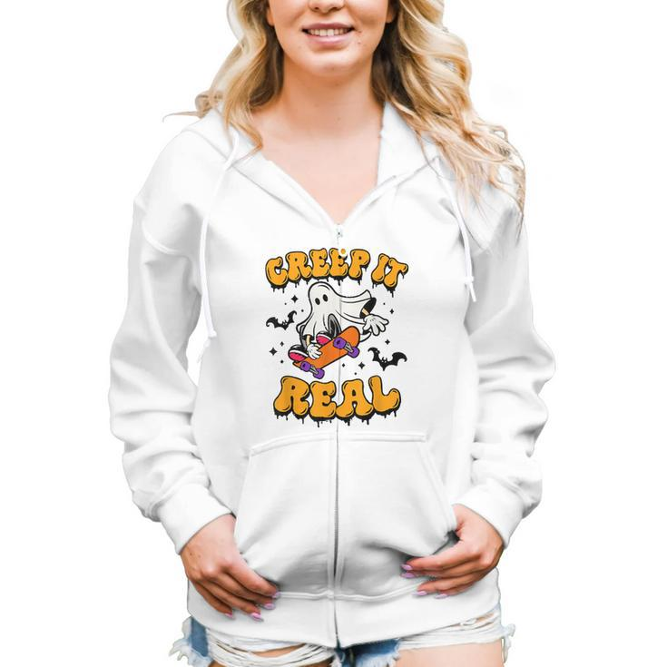 Retro Creep It Real Halloween Ghost Funny Spooky Season  Women Hoodie Casual Graphic Zip Up Hooded Sweatshirt