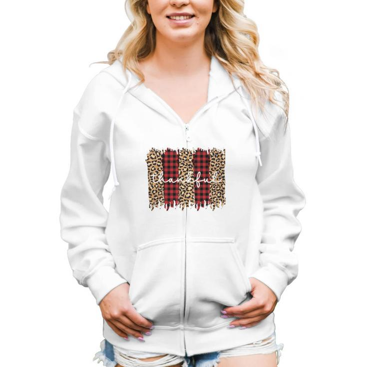 Thankful Fall Leopard Red Plaid Pattern Women Hoodie Casual Graphic Zip Up Hooded Sweatshirt