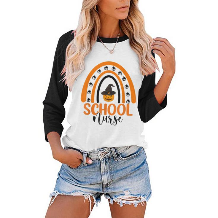 School Nurse Spooky Halloween Pumpkin Rainbow Nursing  Women Baseball Tee Raglan Graphic Shirt