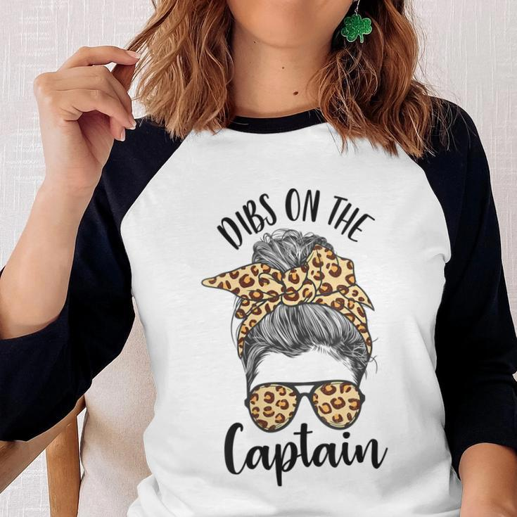 Womens Funny Captain Wife Dibs On The Captain Saying Cute Messy Bun Women Baseball Tee Raglan Graphic Shirt