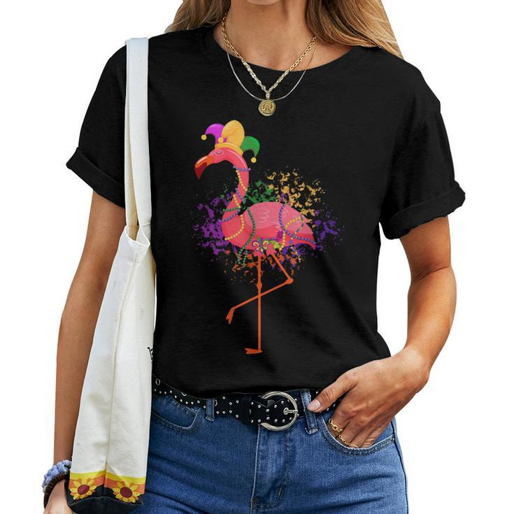 Jester Pink Flamingo Bird Animal Cute Mardi Gras Carnival Women T-shirt
