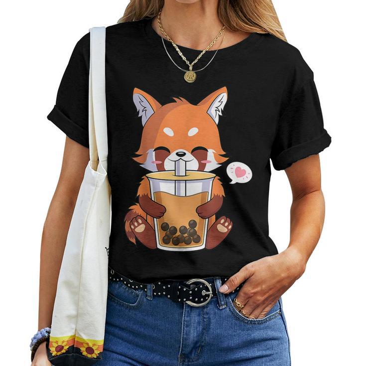 Kawaii Anime Red Panda Drinking Boba Bubble Tea V2 Women T-shirt ...