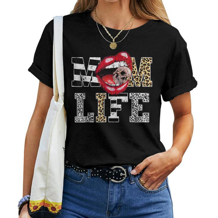 Mom Life Leopard Lip Skull Red Lip Women T-shirt