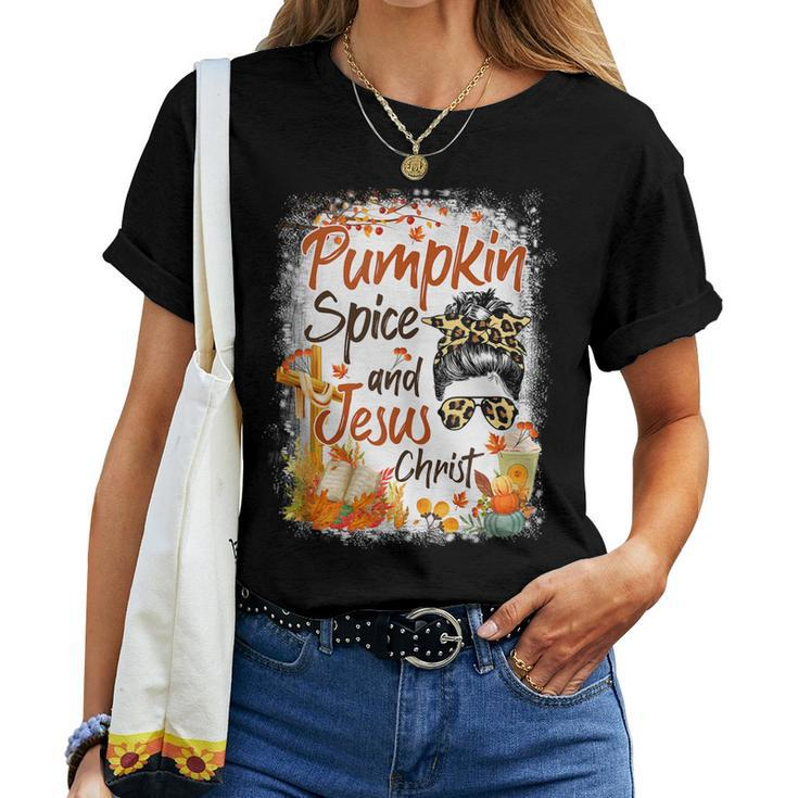 Pumpkin Spice And Jesus Christ Leopard Messy Bun Fall Women T-shirt