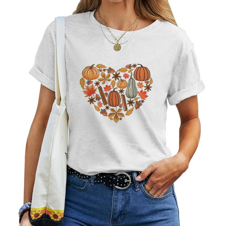 Fall Heart Pumpkins Flowers Women T-shirt