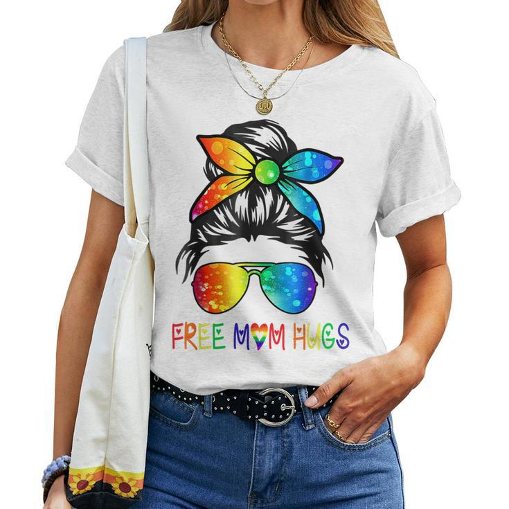 Free Mom Hugs Messy Bun Rainbow Lgbt Pride Month Women T-shirt