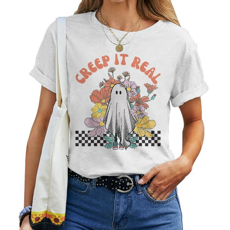 Halloween Costume Retro Creep It Real Ghost With Flowers Women T-shirt