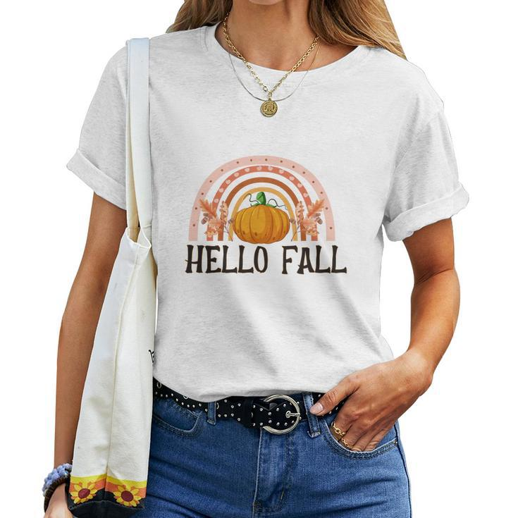 Hello Fall Boho Rainbow Pumpkin Women T-shirt