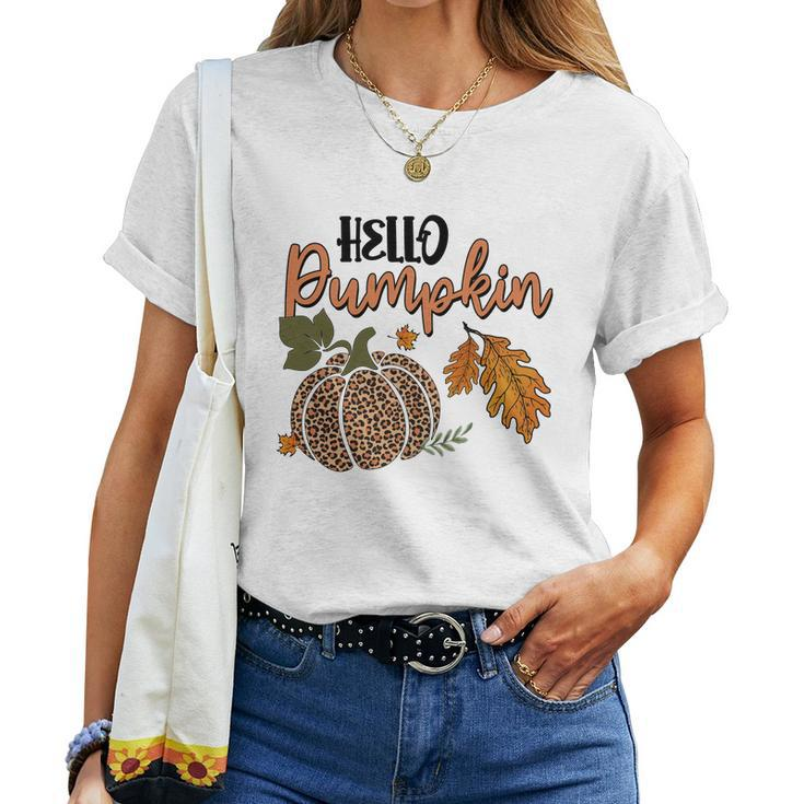 Hello Pumpkin Leopard Plaid Autumn Leaves Fall Women T-shirt