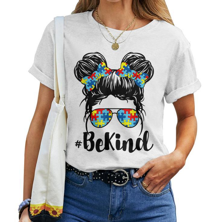Be Kind Autism Awareness Messy Bun Girl Women T-shirt
