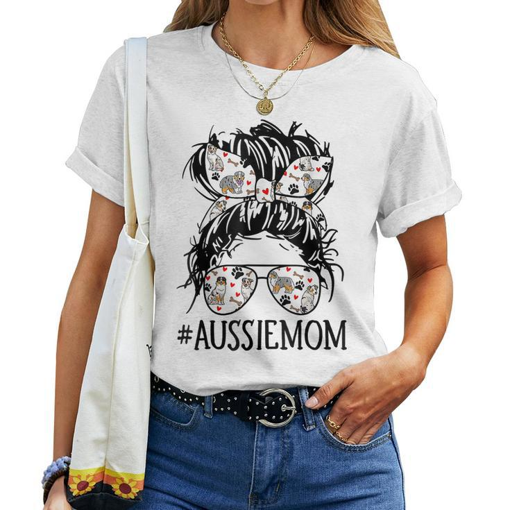 Messy Bun Mom Aussie Mom Glasses Dog Lovers Women T-shirt