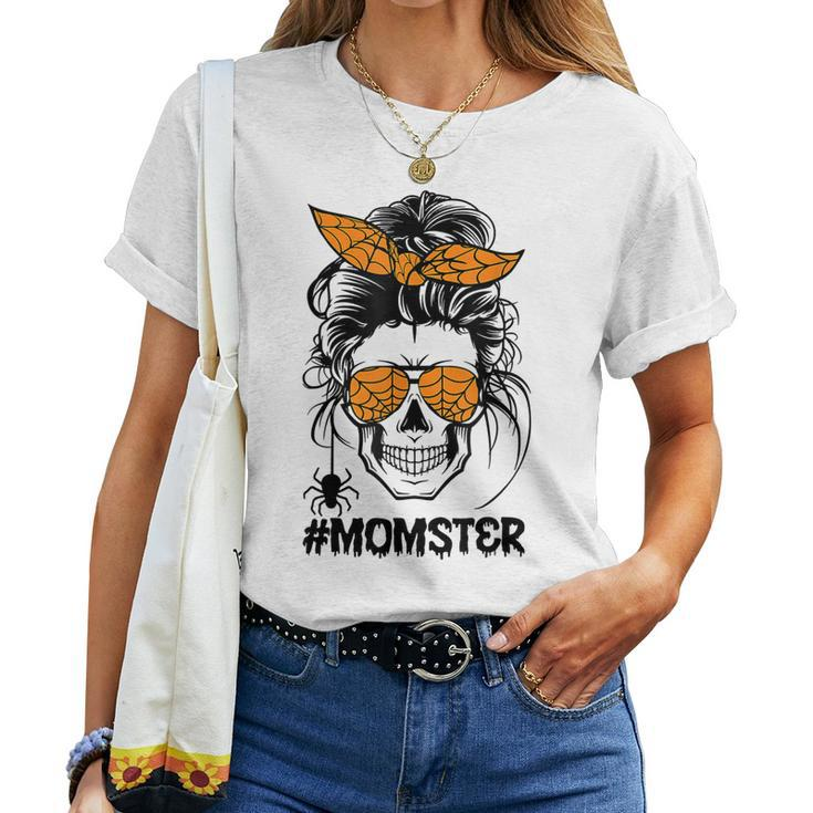 Momster Halloween Costume Skull Mom Messy Hair Bun Monster V4 Women T-shirt