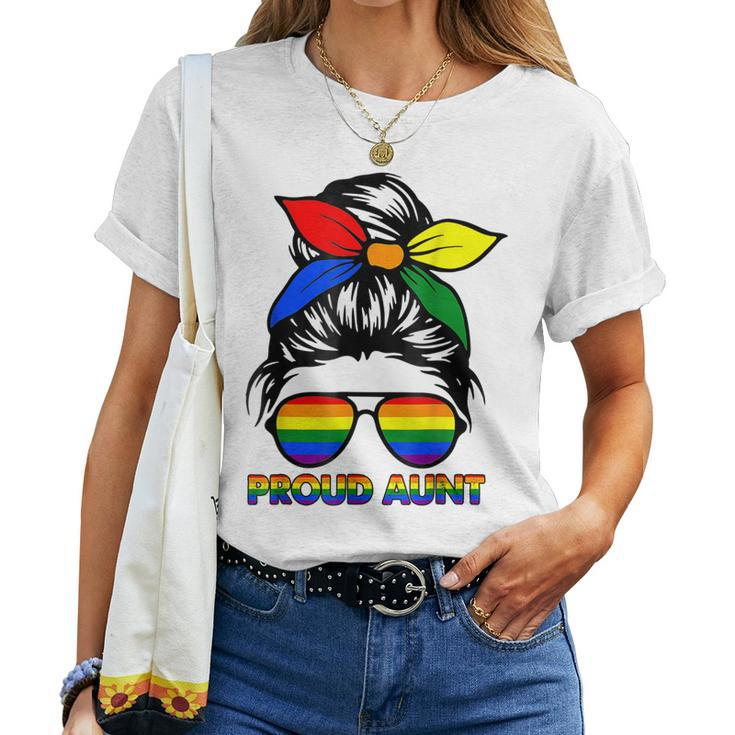 Proud Aunt Messy Bun Rainbow Lgbt Gay Pride Month Women T-shirt
