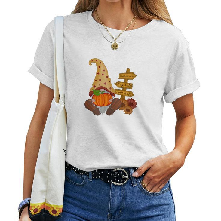 Pumpkin Patch Hay Rides Corn Maze Fall Gnomes Women T-shirt