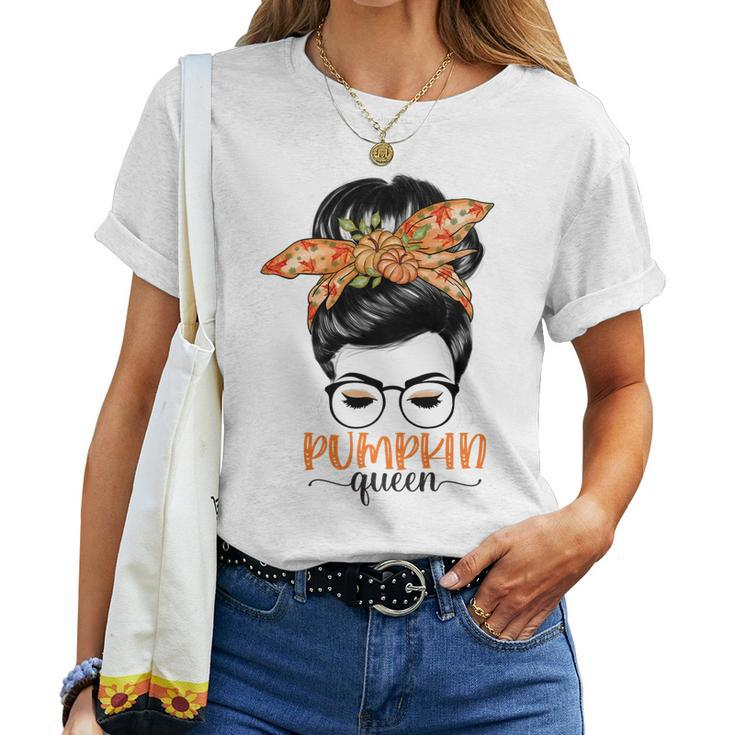 Pumpkin Queen Pumpkin Messy Bun Fall Autumn Thanksgiving Women T-shirt