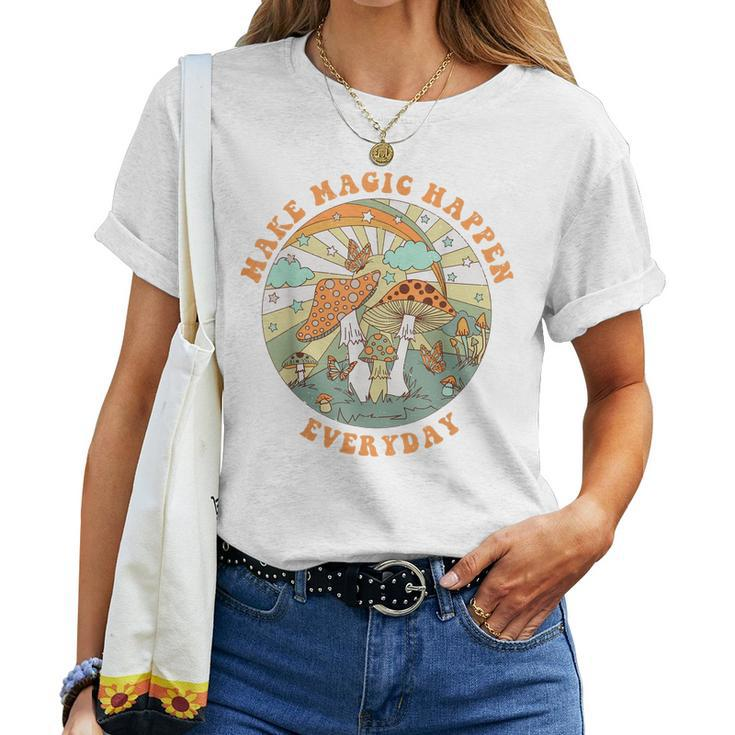 Retro Groovy Make Magic Happen Mushroom Hippie Botanical Women T-shirt