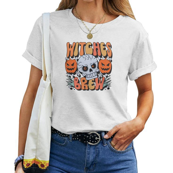 Witches Crew Pumpkin Skull Groovy Fall Women T-shirt