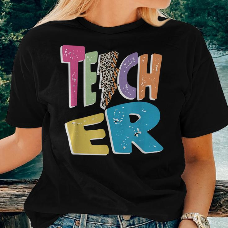 Teacher Colorful Distressed Leopard Lightning Bolt Trendy Women T-shirt Gifts for Her