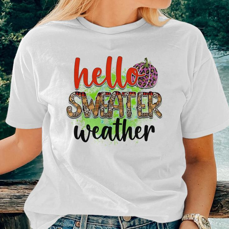Hello Sweater Weather Pumpkin Fall Women T-shirt Gifts for Her