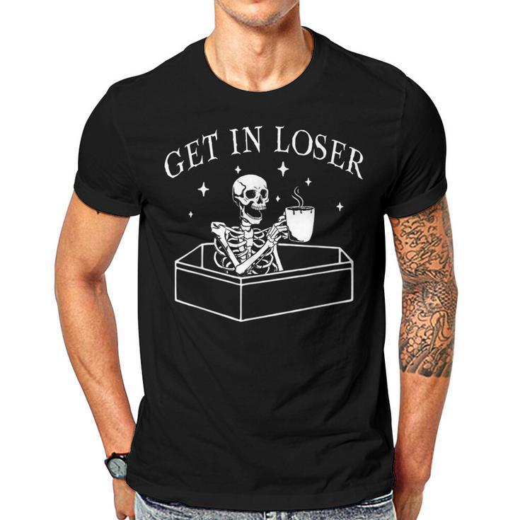 Get In Loser Skeleton In Coffin Spooky Halloween Costume  Men T-shirt Casual Daily Crewneck Short Sleeve Graphic Basic Unisex Tee