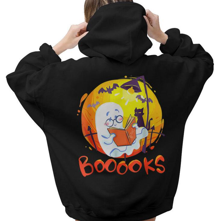 Booooks Ghost Funny Halloween Teacher Book Library Reading  Aesthetic Words Graphic Back Print Hoodie Gift For Teen Girls