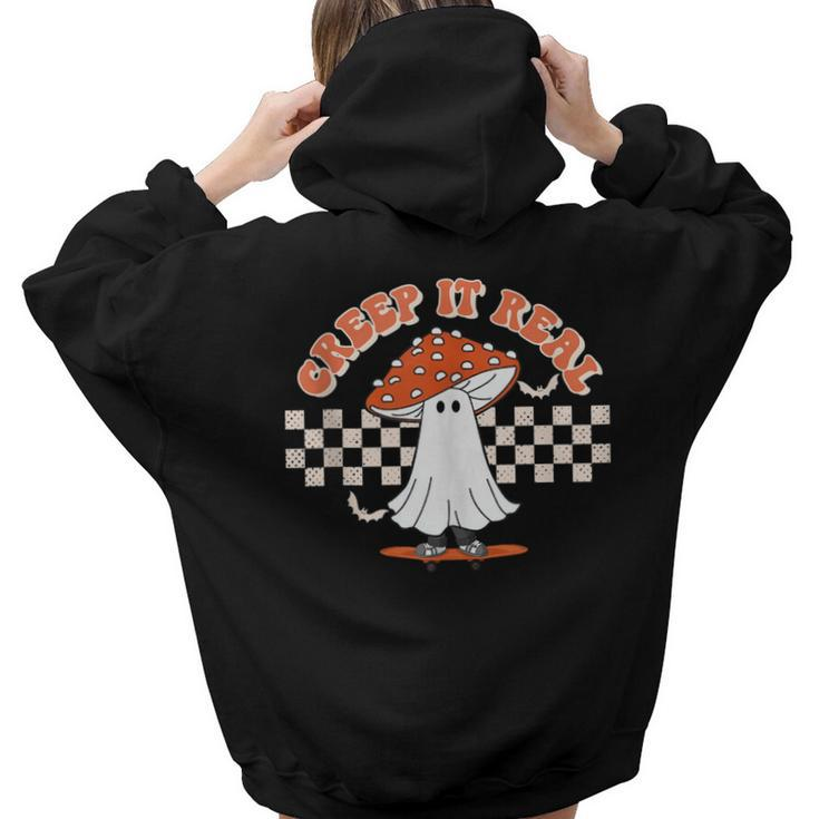 Checkered Mushroom Ghost Creep It Real Funny Halloween  Aesthetic Words Graphic Back Print Hoodie Gift For Teen Girls