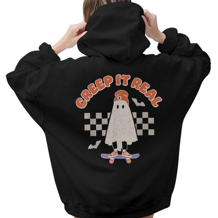Creep It Real Ghost Skateboard Halloween Bat Checkered Sk8r  Aesthetic Words Graphic Back Print Hoodie Gift For Teen Girls