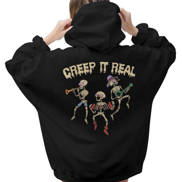 Creep It Real Skeleton Playing Music Funny Halloween  Aesthetic Words Graphic Back Print Hoodie Gift For Teen Girls