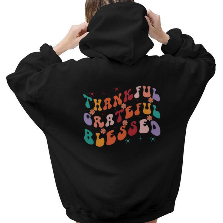 Thankful Grateful Blessed Fall Glitter Gift Aesthetic Words Graphic Back Print Hoodie Gift For Teen Girls