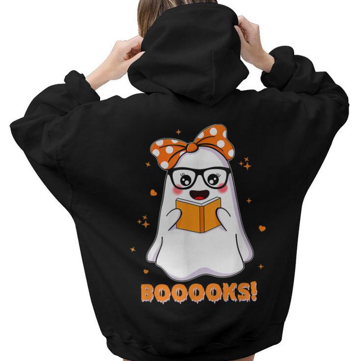 Womens Booooks Cute Ghost Reading Library Books Halloween  Aesthetic Words Graphic Back Print Hoodie Gift For Teen Girls
