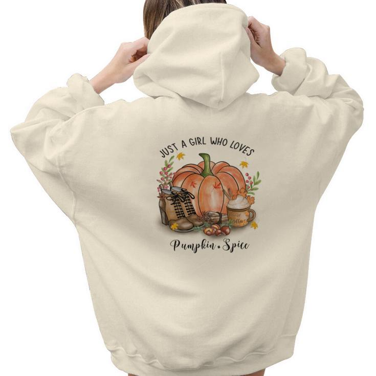 Cozy Autumn Fall Just A Girl Who Loves Pumpkin Spice Aesthetic Words Graphic Back Print Hoodie Gift For Teen Girls