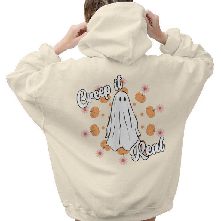 Creep It Real Vintage Ghost Pumkin Retro Groovy  Aesthetic Words Graphic Back Print Hoodie Gift For Teen Girls