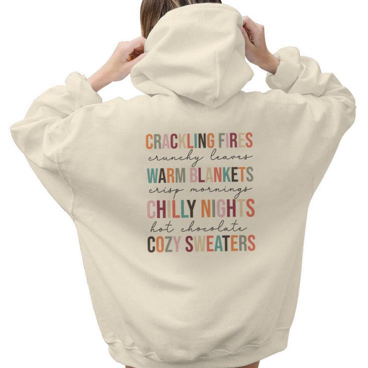Fall Crackling Fire Crunchy Leaves Warm Blankets Chilly Nights Cozy Weather Hot Chocolate Popular Aesthetic Words Graphic Back Print Hoodie Gift For Teen Girls