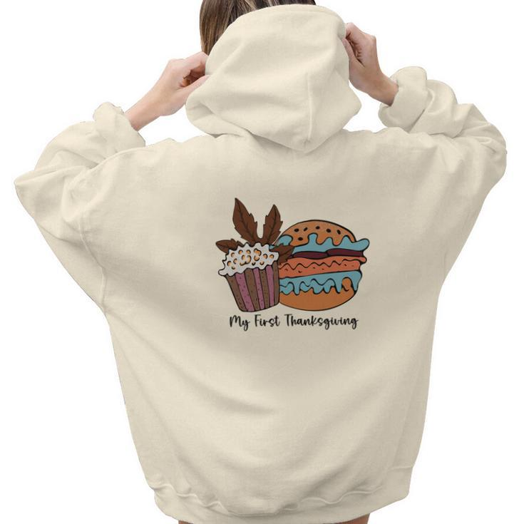 Fall My First Thanksgiving Cupcake Hamburger Aesthetic Words Graphic Back Print Hoodie Gift For Teen Girls