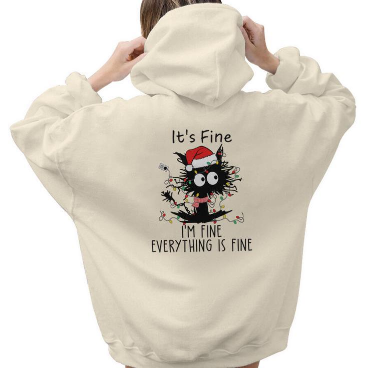 Funny Christmas Black Cat It Is Fine I Am Fine Everything Is Fine Aesthetic Words Graphic Back Print Hoodie Gift For Teen Girls