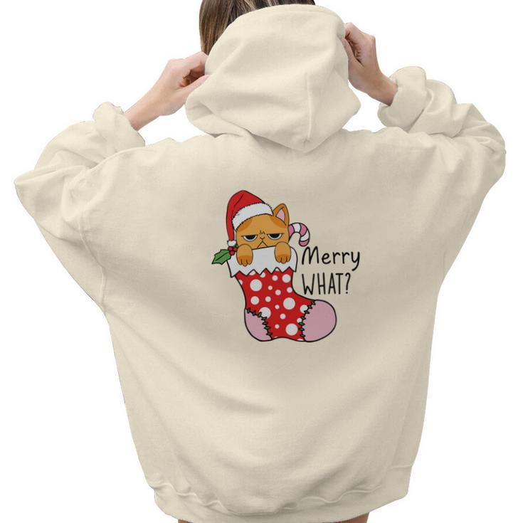Funny Christmas Cat Merry What Xmas Holiday Aesthetic Words Graphic Back Print Hoodie Gift For Teen Girls