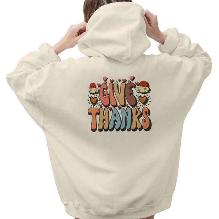 Give Thanks Groovy Style Retro Fall Season Aesthetic Words Graphic Back Print Hoodie Gift For Teen Girls