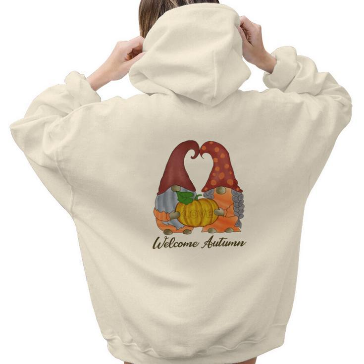 Gnomes Couple Welcome Autumn Fall Season Aesthetic Words Graphic Back Print Hoodie Gift For Teen Girls