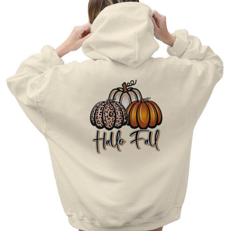 Hallo Fall Three Pumpkins Aesthetic Words Graphic Back Print Hoodie Gift For Teen Girls