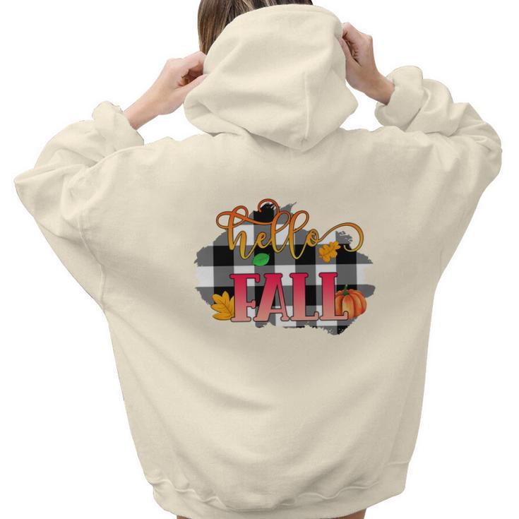 Hello Fall Caro Pattern Autumn Thanksgiving Aesthetic Words Graphic Back Print Hoodie Gift For Teen Girls
