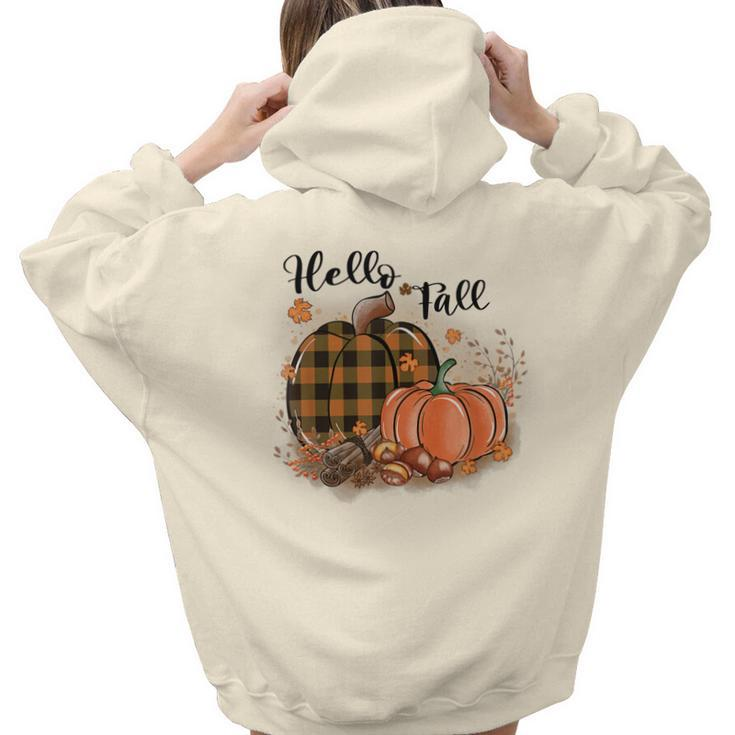 Hello Fall Plaid Pumpkin Spice Maple Leave Autumn Collection  Hoodie Words Graphic Back Print Hoodie Gift For Teen Girls Women