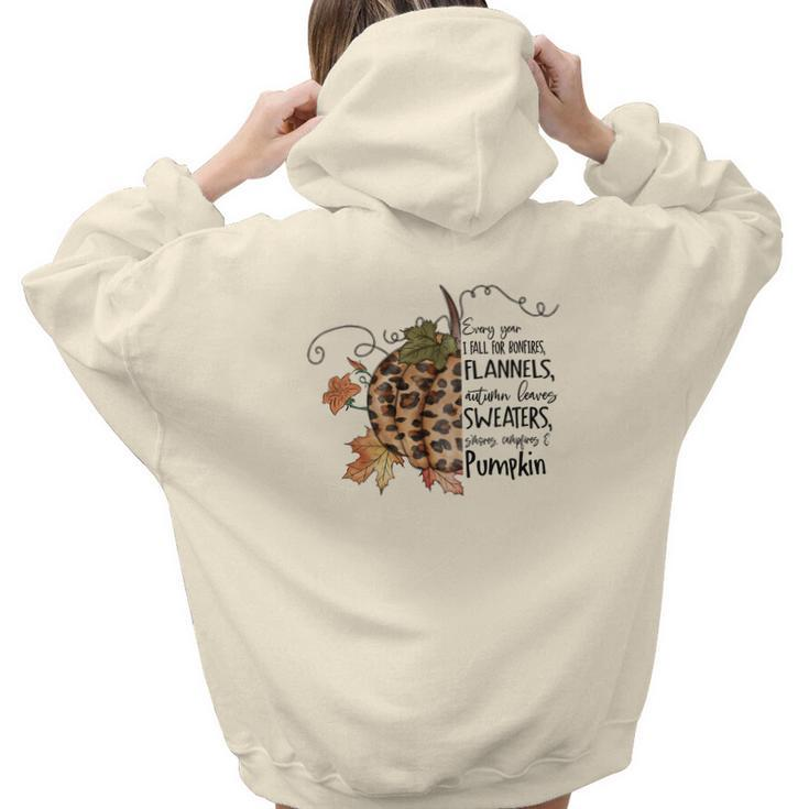Vintage Autumn Every Year I Fall For Bonfires Flannels Autumn Leaves Sweaters Mores Campfires And Pumpkin V2 Aesthetic Words Graphic Back Print Hoodie Gift For Teen Girls