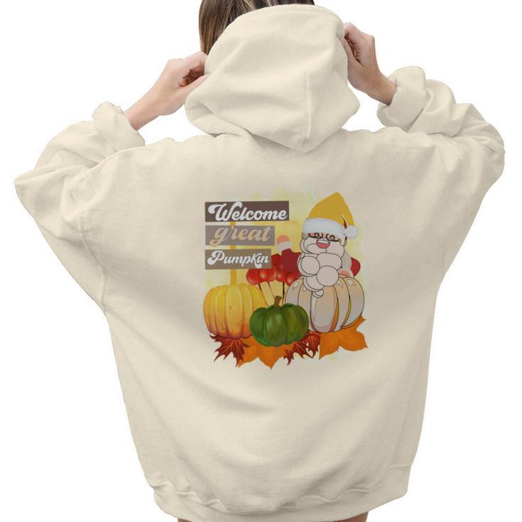 Welcome Great Pumpkin Fall Season Santas Aesthetic Words Graphic Back Print Hoodie Gift For Teen Girls