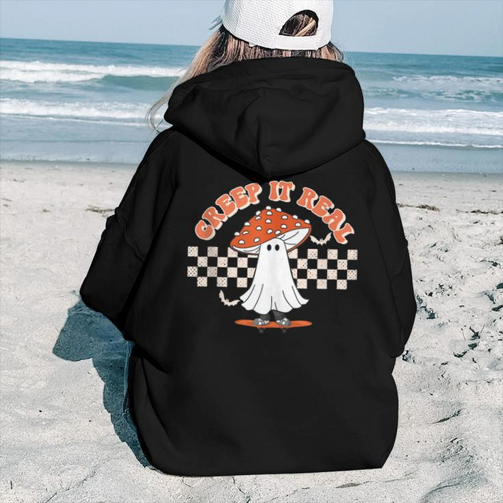 Checkered Mushroom Ghost Creep It Real Funny Halloween Aesthetic Words Graphic Back Print Hoodie Gift For Teen Girls