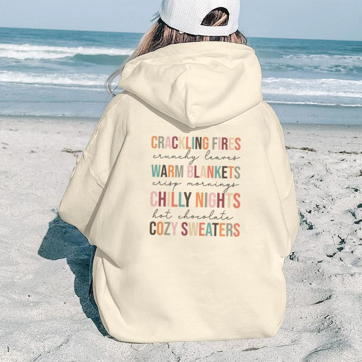 Fall Crackling Fire Crunchy Leaves Warm Blankets Chilly Nights Cozy Weather Hot Chocolate Popular Aesthetic Words Graphic Back Print Hoodie Gift For Teen Girls