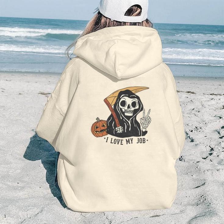 Skeleton Halloween I Love My Job Cute The Death Design Aesthetic Words Graphic Back Print Hoodie Gift For Teen Girls