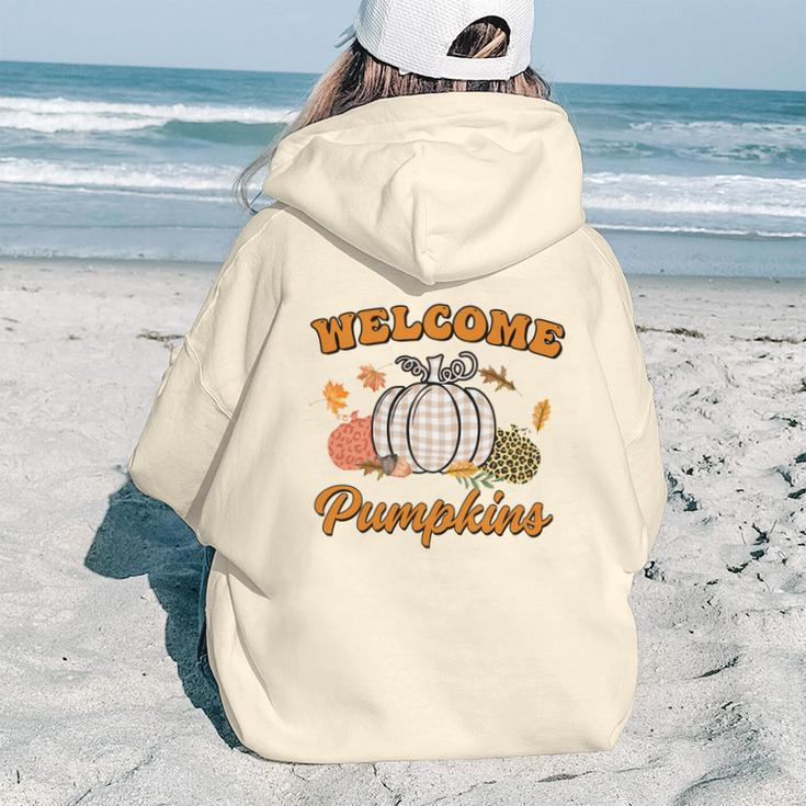 Welcome Pumpkin Leopard Plaid Autumn Fall Aesthetic Words Graphic Back Print Hoodie Gift For Teen Girls