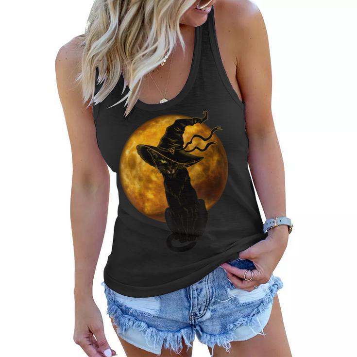 Beautiful Halloween Black Cat With Witch Hat Full Moon - Cat Women Flowy Tank