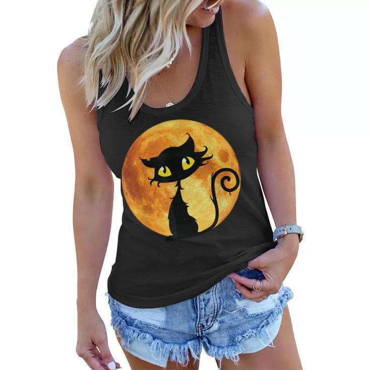 Black Cat Full Moon Halloween Cool Funny Ideas For Holidays  Women Flowy Tank