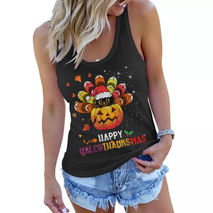 Black Cat Halloween And Merry Christmas Happy Hallothanksmas Women Flowy Tank